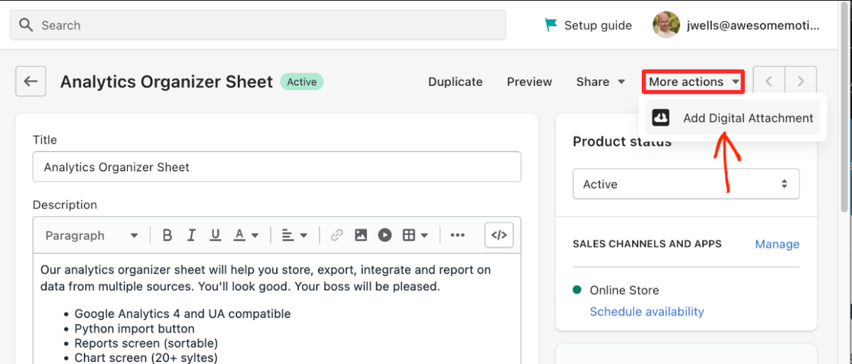 Screenshot: Shopify More Actions Button