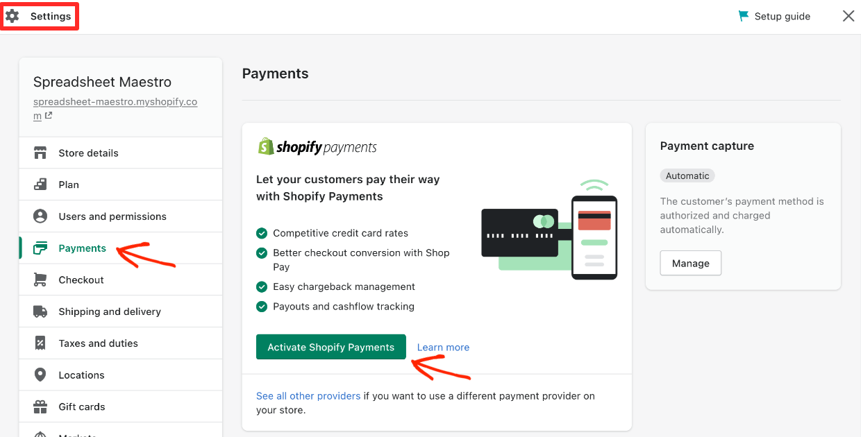 Screenshots: Shopify - Activate Shopify Payments