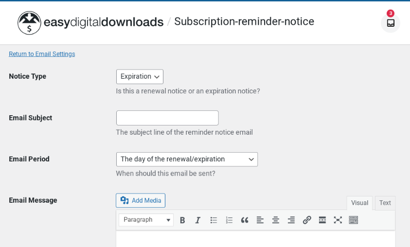 The screen to set a subscription reminder email in Easy Digital Downloads.