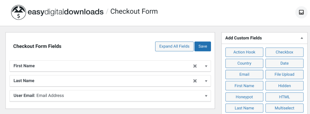 Easy Digital Downloads checkout form fields.