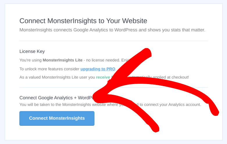 Connecting MonsterInsights to a WordPress website.