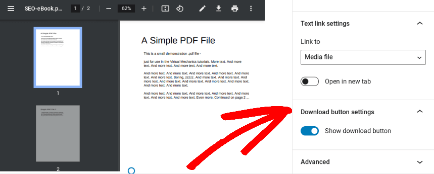 The Download button settings for a PDF file in WordPress.