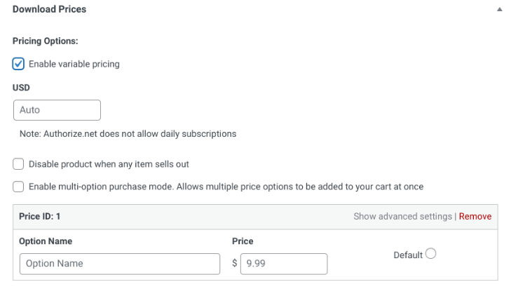 The download options of an Easy Digital Downloads product.