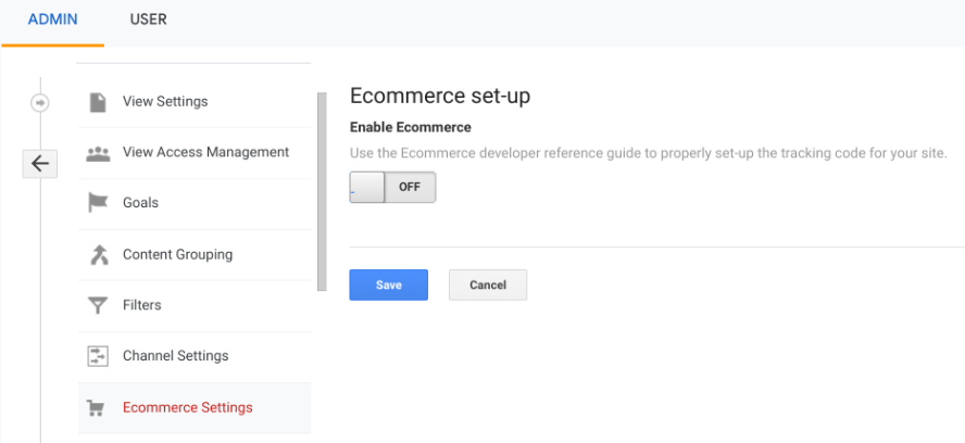 The option to enable Ecommerce in Google Analytics.