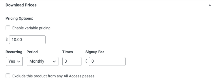 The pricing settings of a download in EDD.