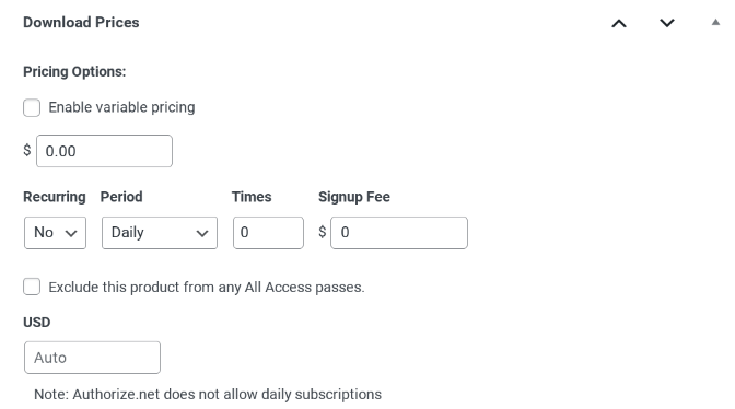 The Download Prices section of the EDD plugin.