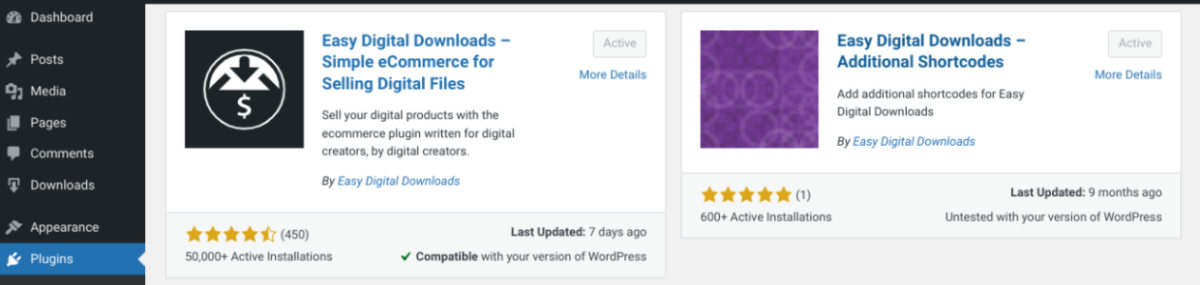 Installing the free Easy Digital Downloads plugin.