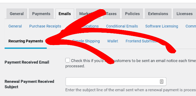 The email recurring payments section in EDD.