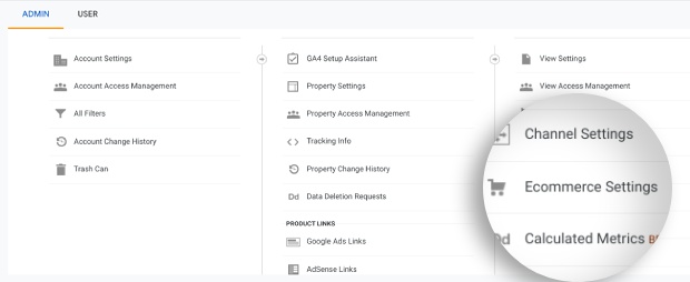 The eCommerce settings in Google Analytics.