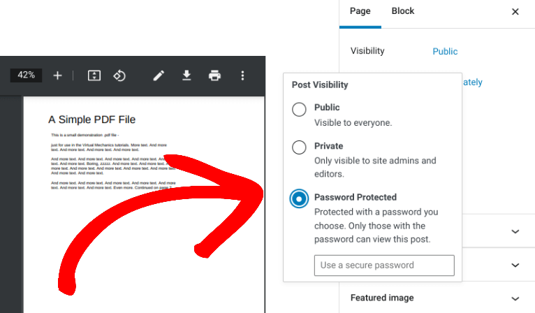 The setting in WordPress to password protect a PDF page.