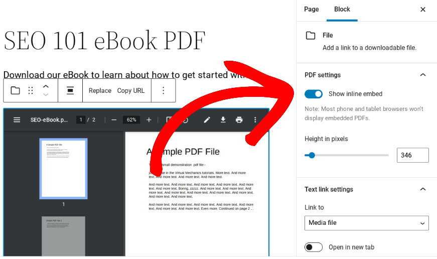 The PDF settings from the WordPress File block.