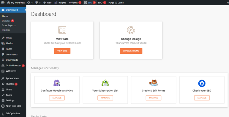 The SiteGround EDD hostingWordPress dashboard with growth tool plugins.