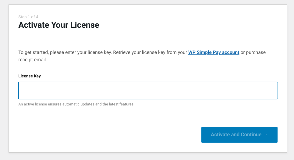 The screen to activate your WP Simple Pay license.