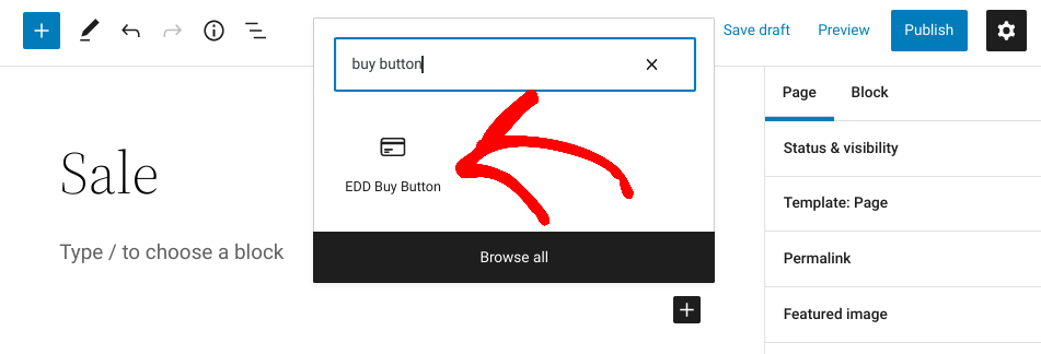 Adding the EDD Buy Now Button block in WordPress.