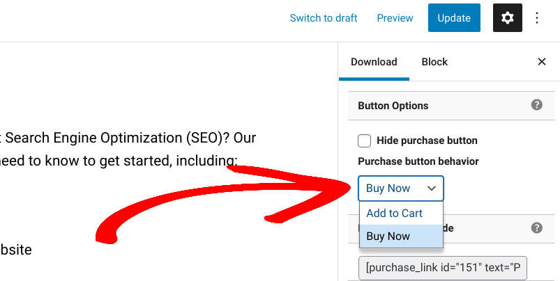 The Buy Now button option in WordPress.