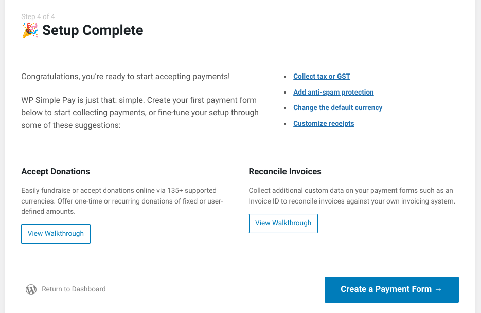 The option to create a payment form with WP Simple Pay.