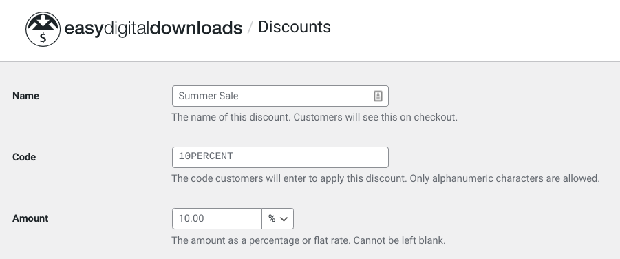 The new coupons and discount codes WordPress screen.