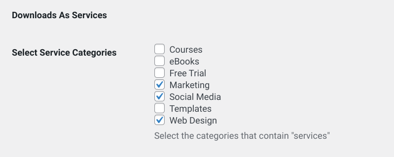 The Downloads As Services Categories setting in EDD.