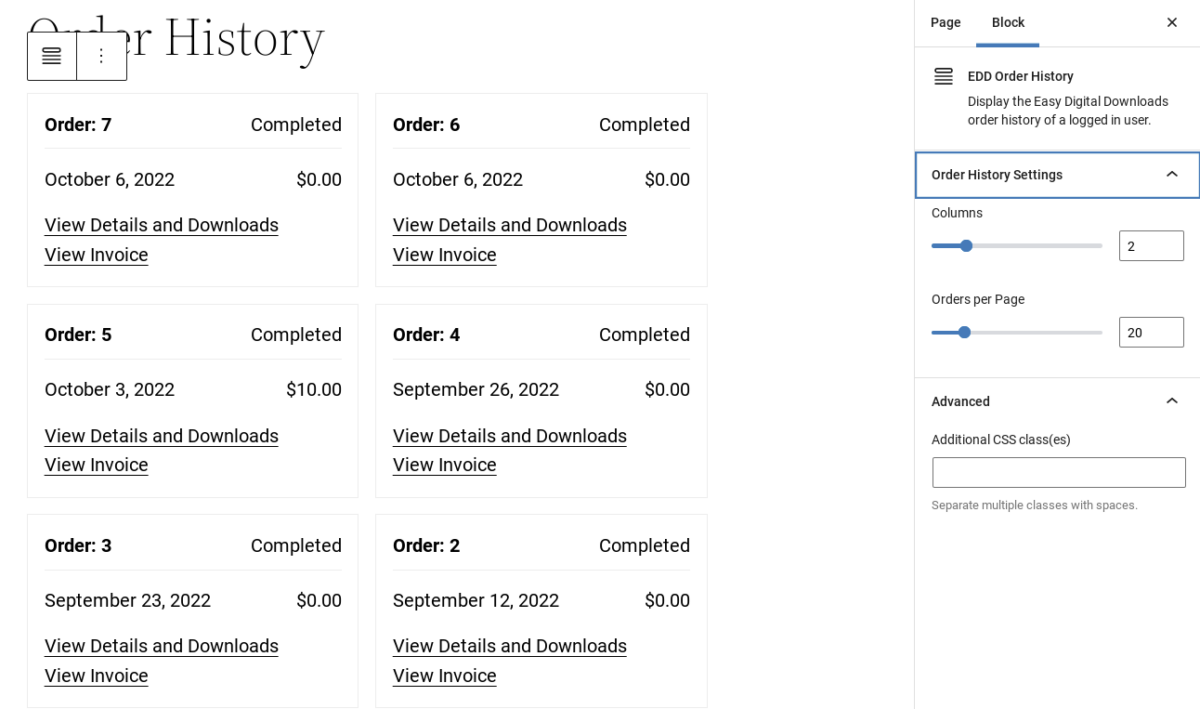 The Order History block.