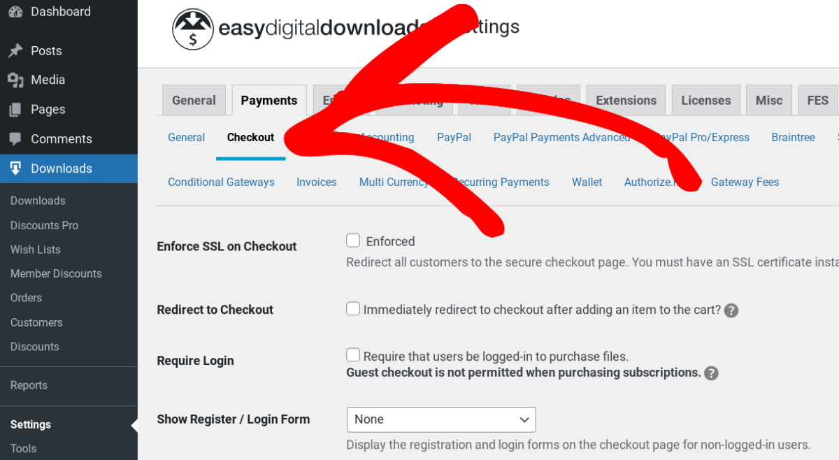 The Checkout settings in Easy Digital Downloads.