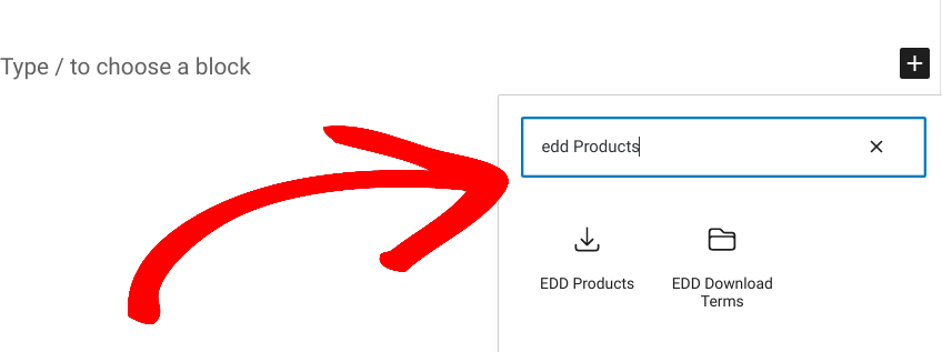 Inserting the EDD Products block in WordPress.