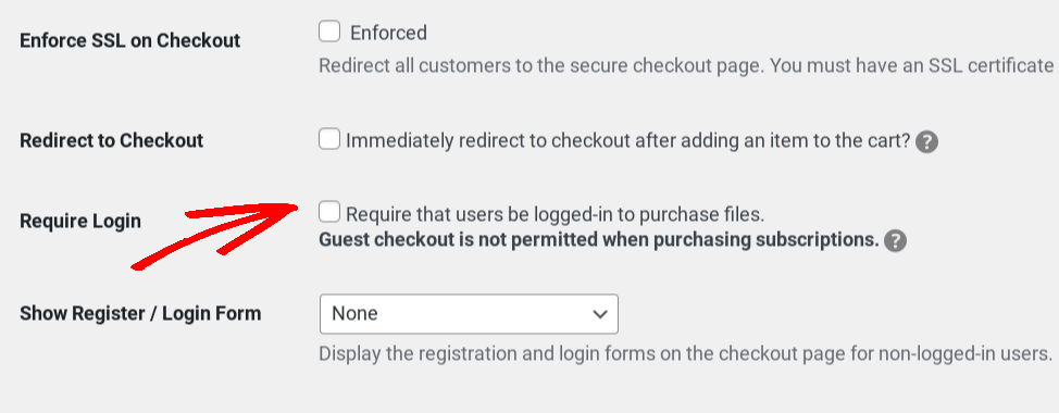 The option to not require a login to enable guest checkout in WordPress.