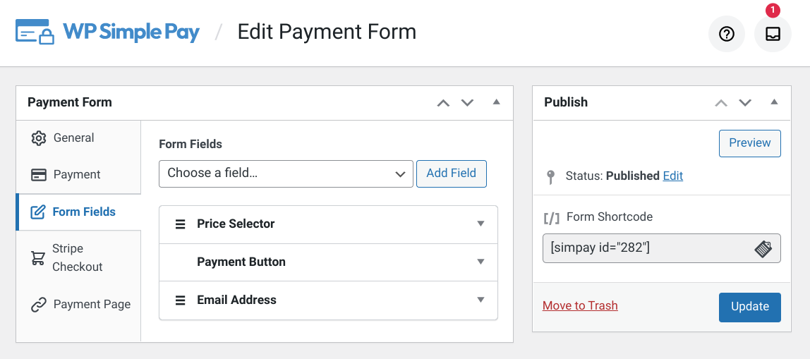 The edit payment form screen in WP Simple Pay.