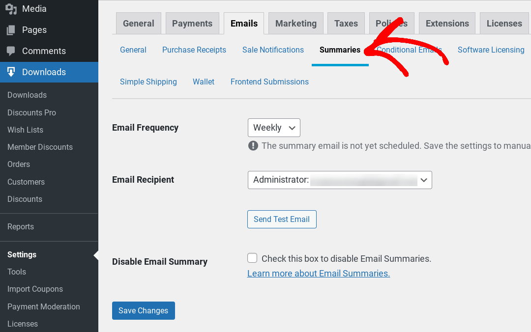 The email summaries feature and settings in EDD.