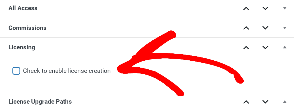 The option to enable software license creation in WordPress.