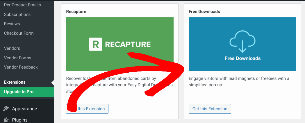 The option to get the Free Downloads extension in WordPress. 