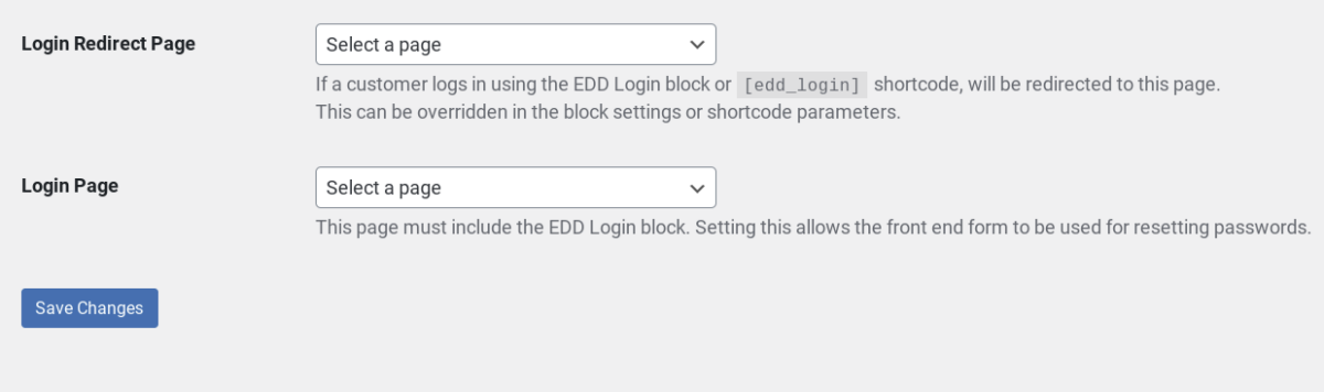 The EDD Login Page settings.