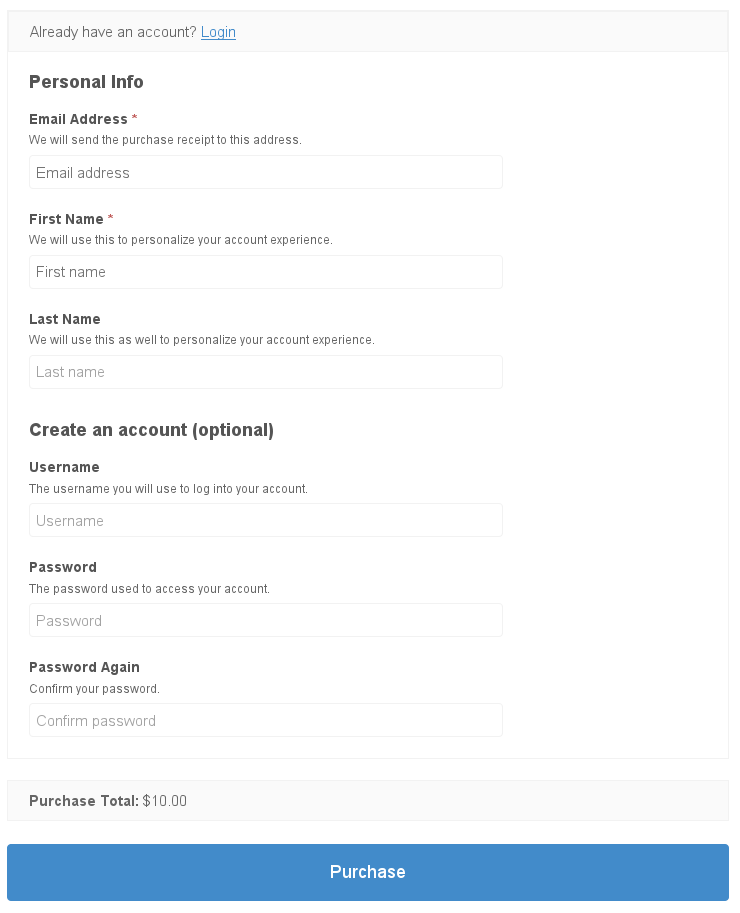 A guest checkout in WordPress with the option to create an account.