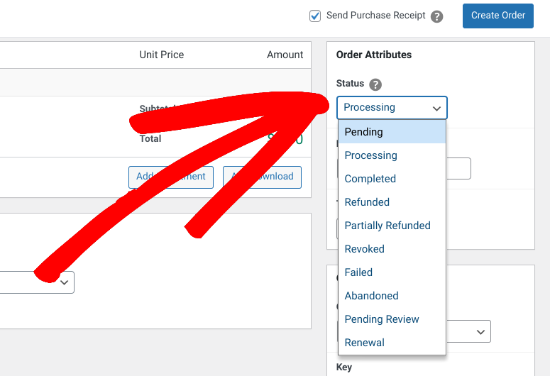 The option for manually changing the ststus of an eCommerce order.