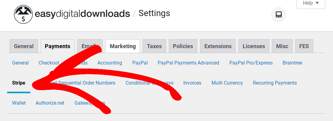 The Stripe payment option in WordPress.