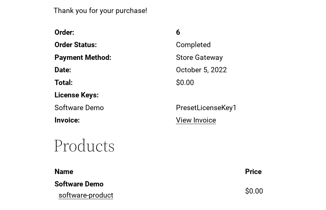 A product confirmation page that includes a license software key.