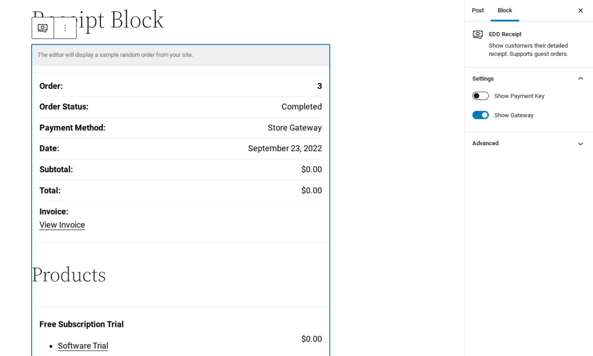 The EDD receipt block to show a purchase receipt to customers in WordPress. 