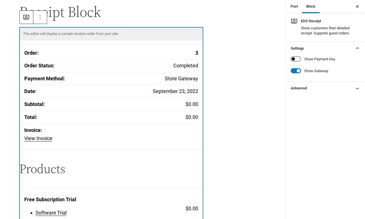 The EDD free vs paid receipt block.