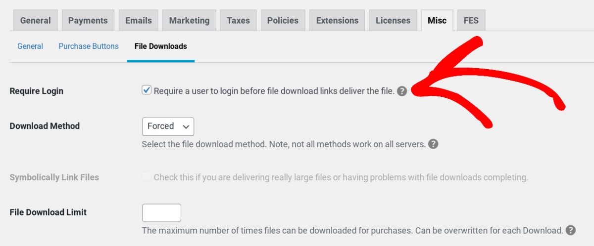 The EDD option to Require Login for users to download files in WordPress. 