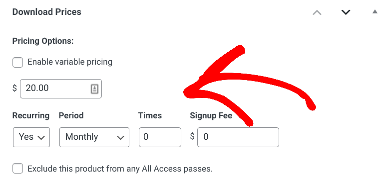 The Download Prices section in EDD for subscriptions, one of the best pricing models for digital products.