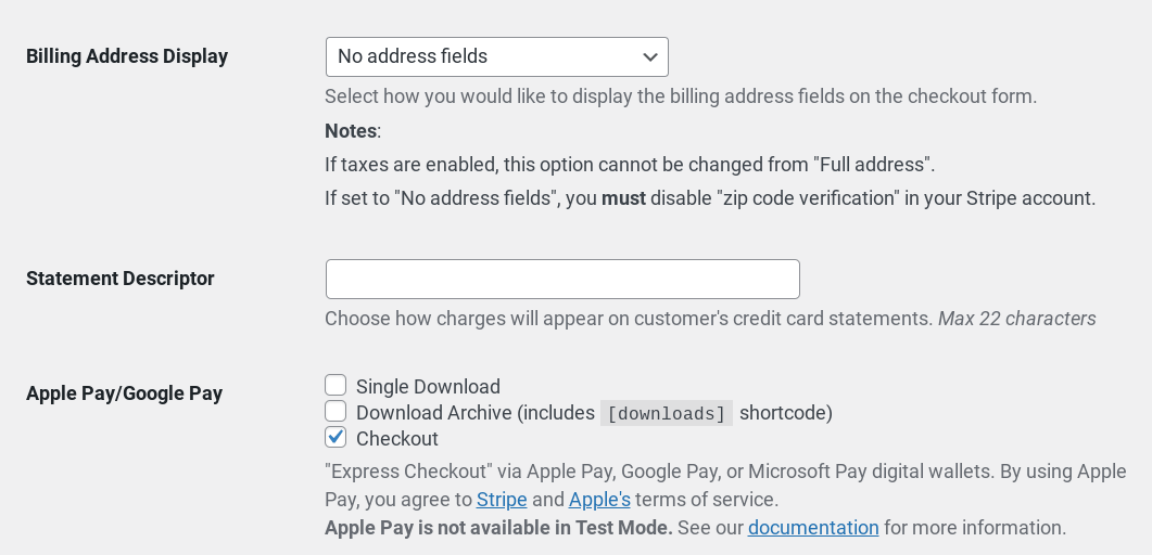 The Stripe payment gateway settings.