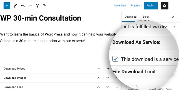 The setting to allow a download to sell services in WordPress.
