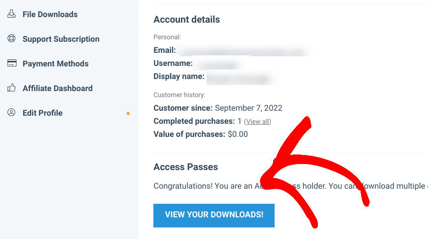 The option to view your downloads from the EDD account dashboard.