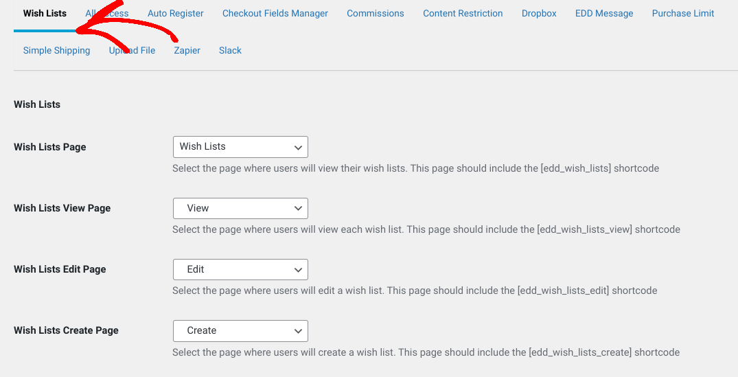 The Add to Wishlist settings page in EDD.