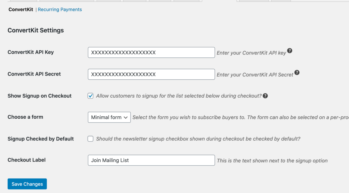 The settings page to add customers to ConvertKit during checkout in WordPress.