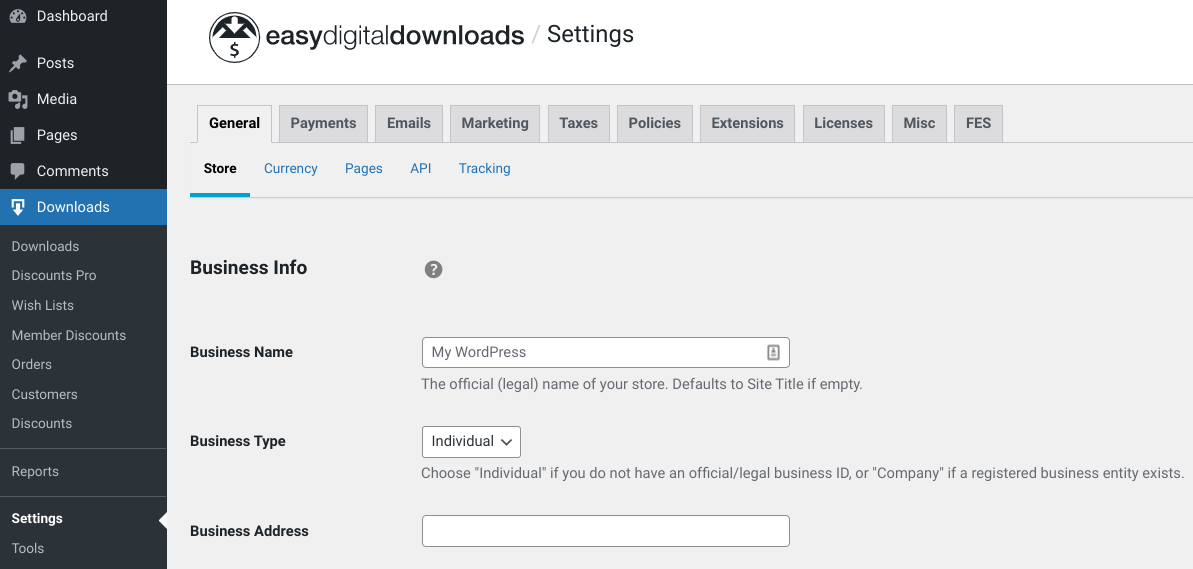 The Easy Digital Downloads plugin settings.