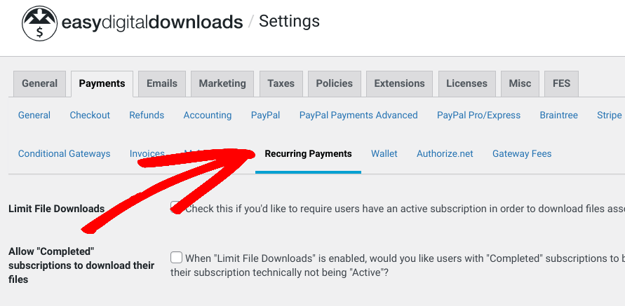 The Easy Digital Downloads Recurring Payments settings.