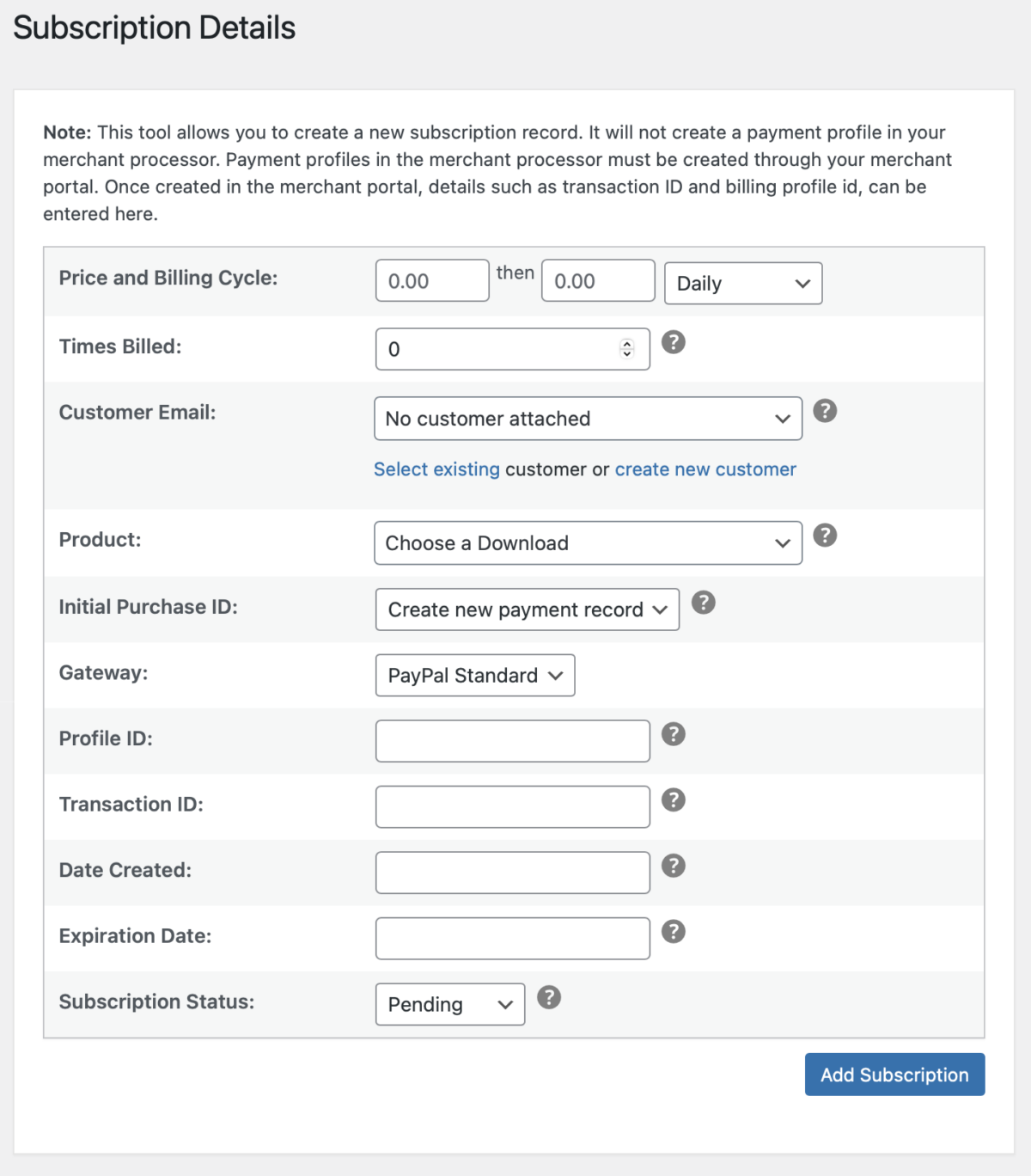 The old subscription settings page from the Recurring Payments extension.