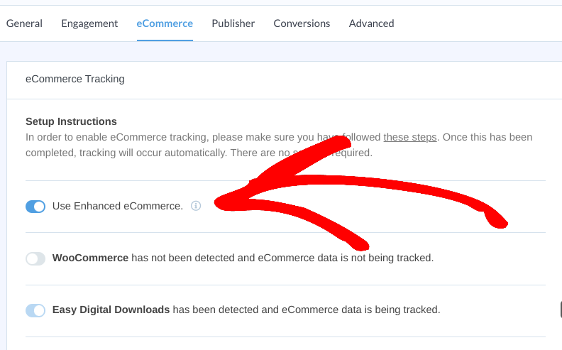 The setting to enable enhanced eCommerce tracking in the MonsterInsights plugin. 