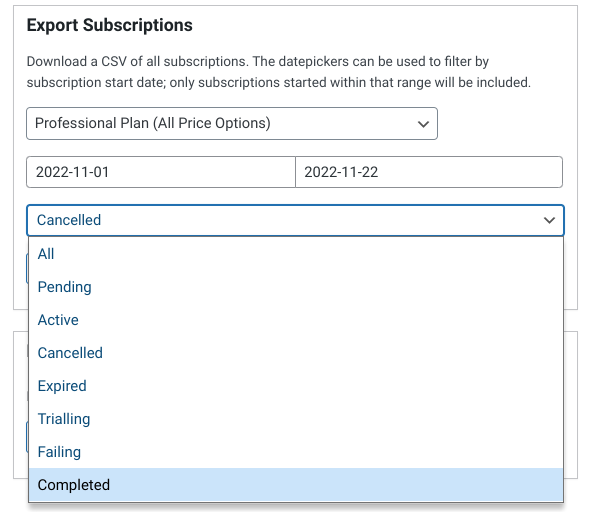 The status options for exporting subscriptions to CSV in WordPress.
