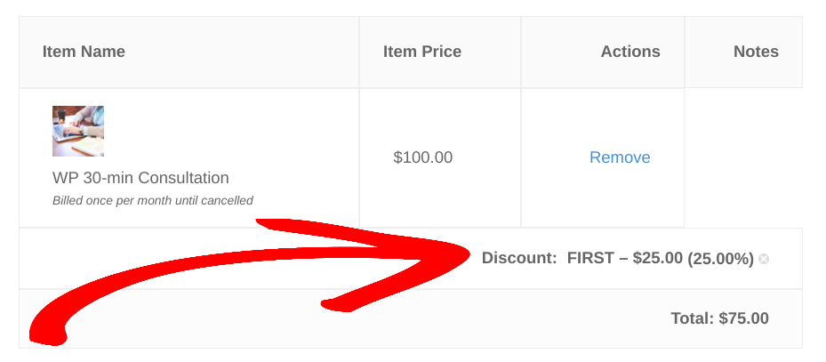 A preview of a first count discount in WordPress applied at checkout.